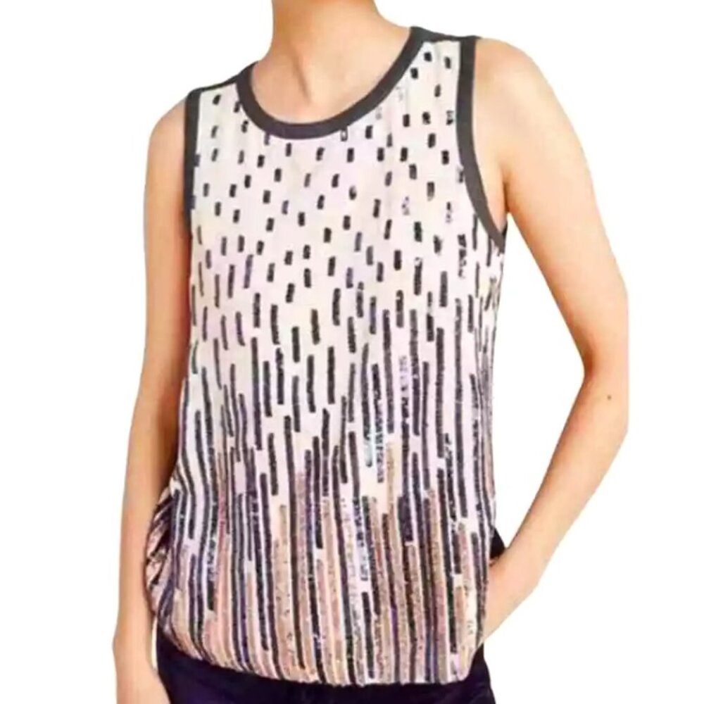 Anthropologie TINY Cream Navy and Gold Sequin Embellished Tank